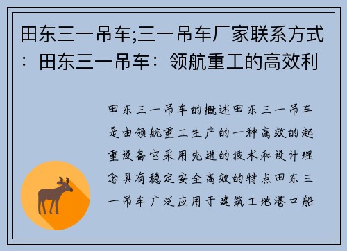 田东三一吊车;三一吊车厂家联系方式：田东三一吊车：领航重工的高效利器